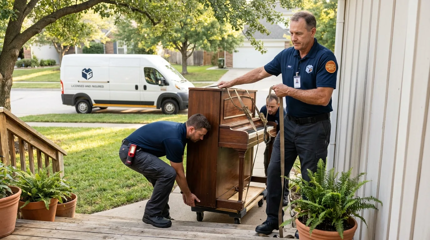 Licensed piano movers securing grand piano in Cloverdale, CA