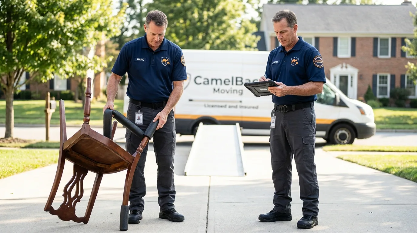 Movers inspecting furniture for damage prevention before loading in Cloverdale, CA
