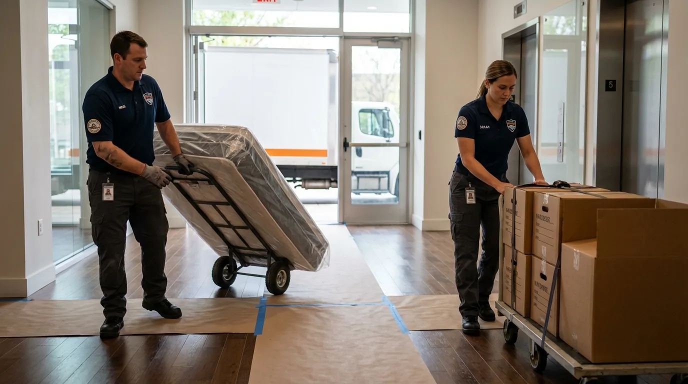 Professional apartment movers loading elevator in Cloverdale, CA